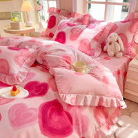 Pink heart-patterned bedding.