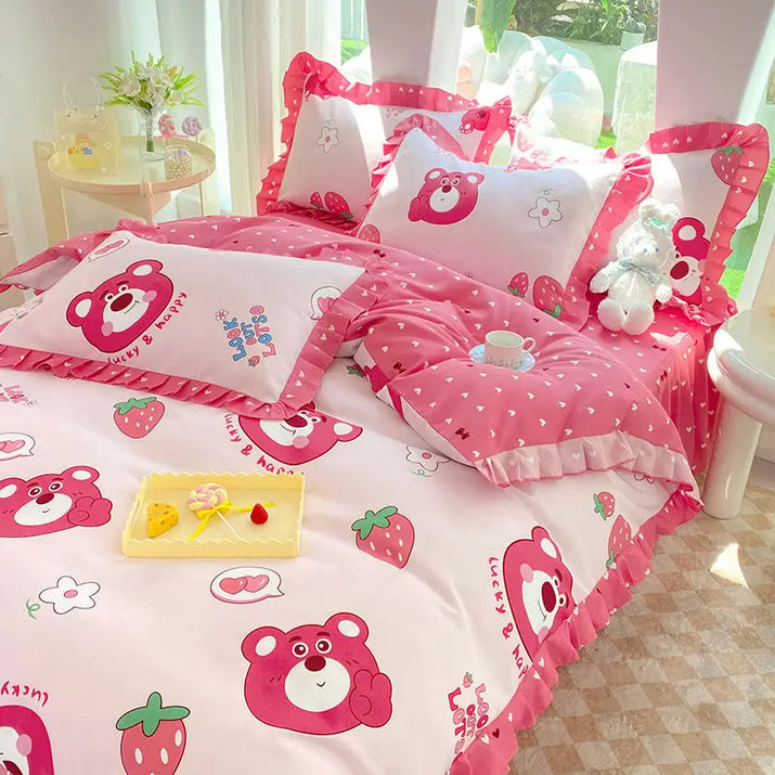 Pink Lotso-themed bedding set.