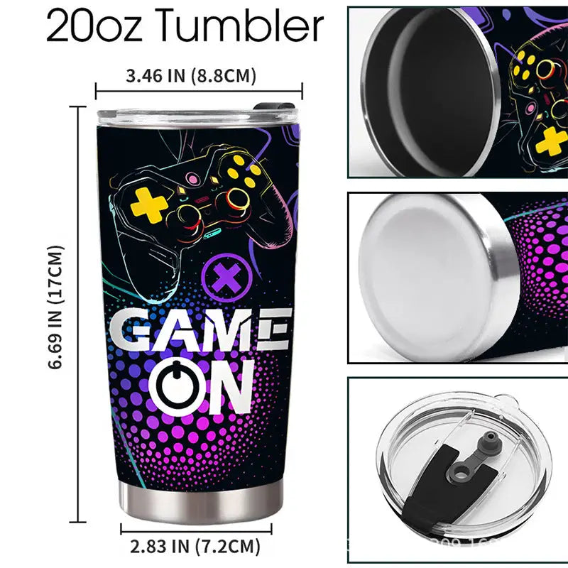 Gaming-themed 20oz tumbler with dimensions.