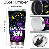 Gaming-themed 20oz tumbler with dimensions.