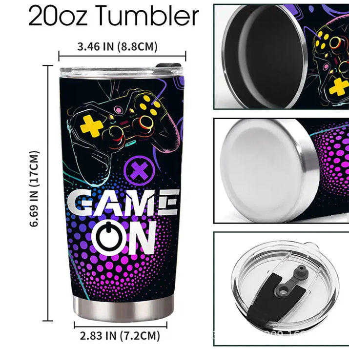 Gaming-themed 20oz tumbler with dimensions.