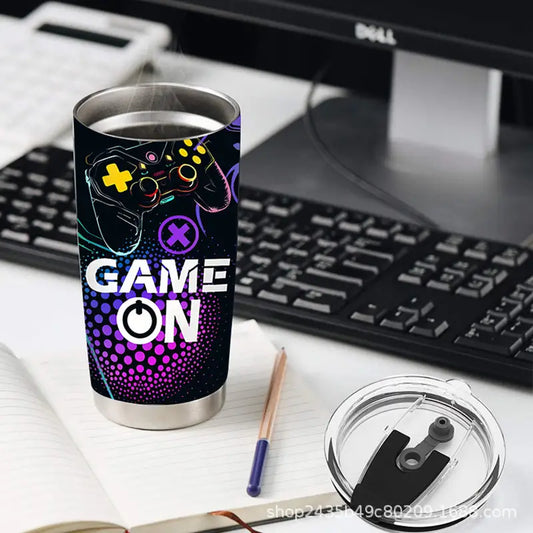 Gaming-themed stainless steel tumbler.