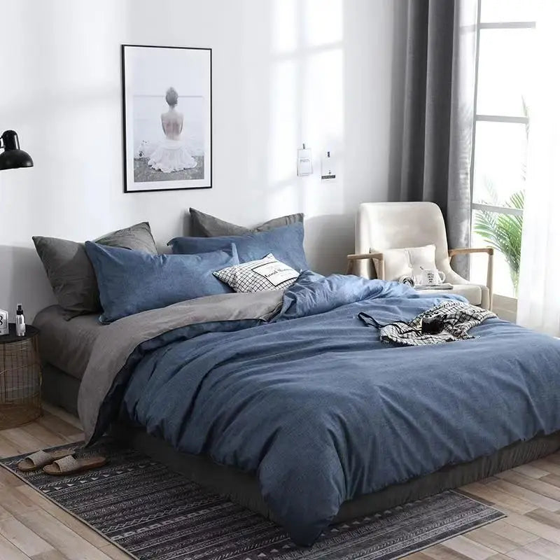 Blue and gray bedding set.