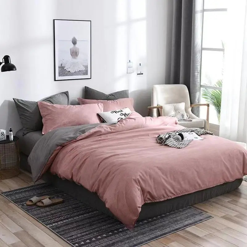 Pink and gray bedding set.