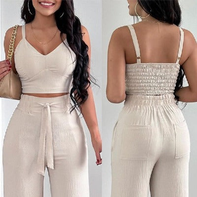 beige sexy 2 piece summer pant set