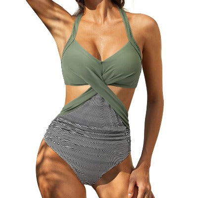 grey and green Cross Midriff One Piece Swimsuit 