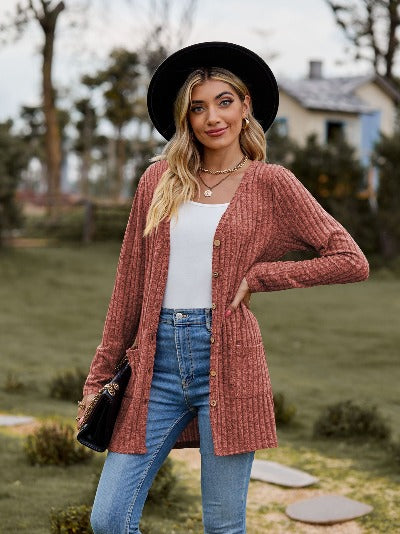 Stripe Solid Color Long Sleeve Cardigan Sweater -Sleek Selections