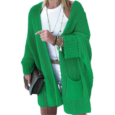 New Solid Color Loose Knitted Mid-length Open Cardigan