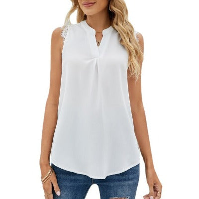 white Solid Color Loose V-Neck Lace Tank Top