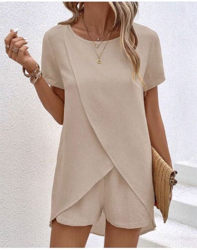 Solid Color Women's Suit Irregular Top Shorts Set