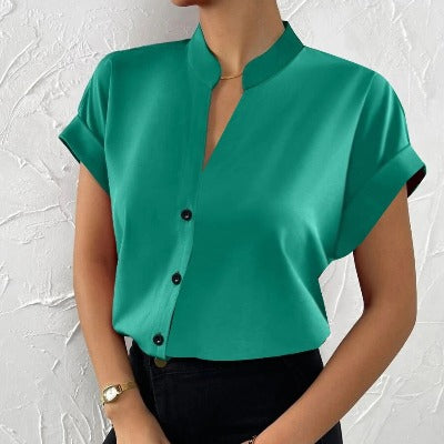 Simple Solid Color And V-neck Button UP Blouse green