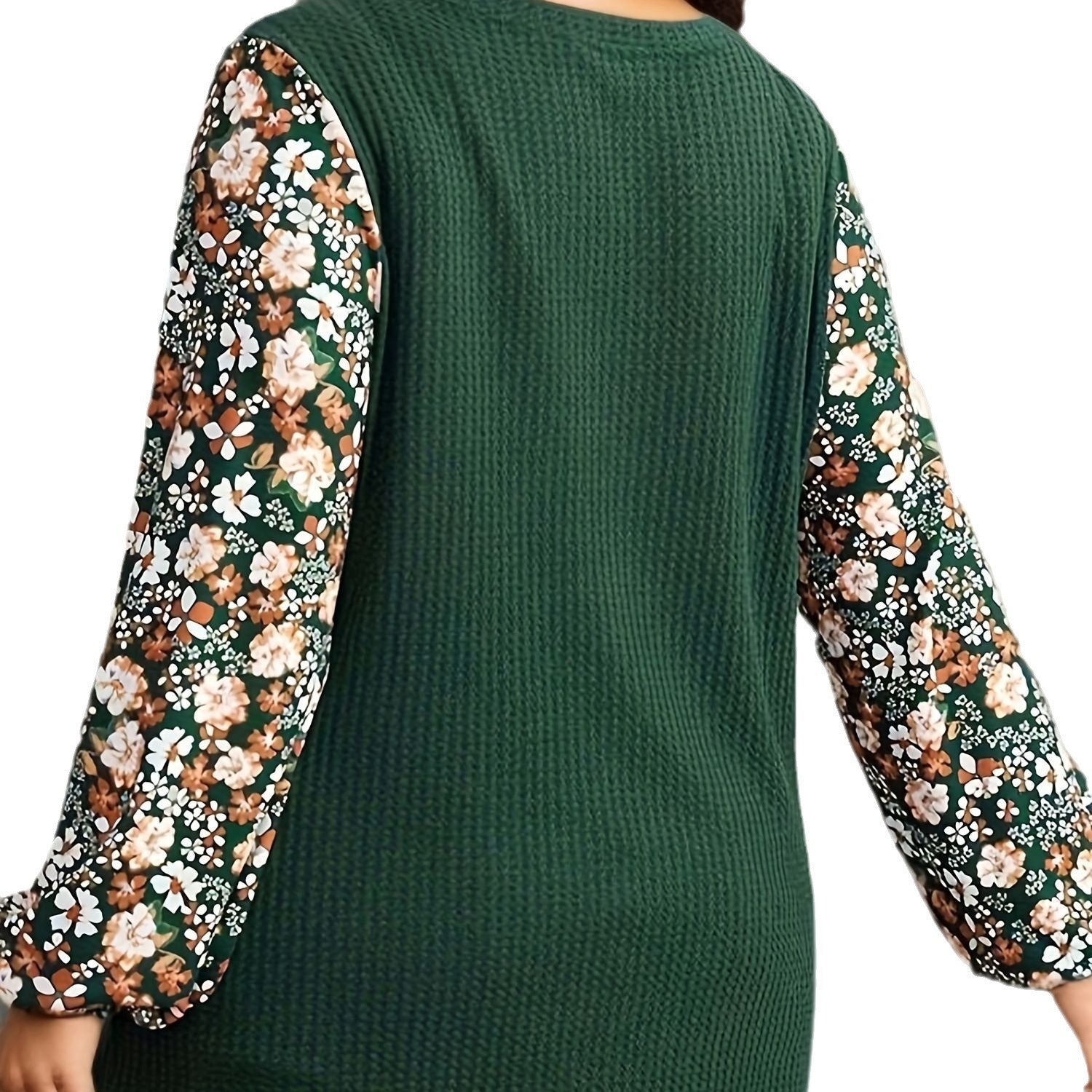 green V-collar Mesh Sleeve  Patchwork Plus Size Top