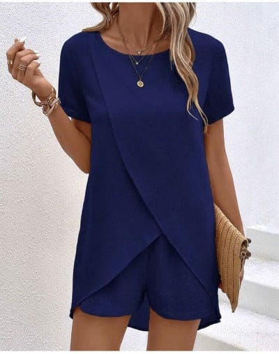 blue Solid Color Women's Suit Irregular Top Shorts Set