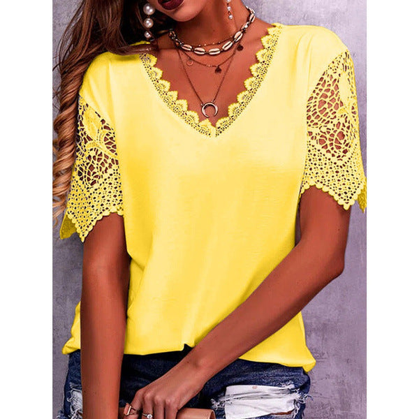 Yellow elegant lace sleeve top shirt blouse