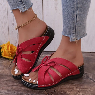 red Summer Lace-up Platform Wedge Sandals