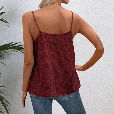 red wine Women's V-neck Sequin Dressy Tank Top