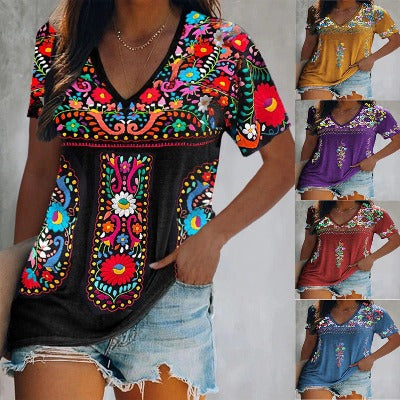 Bohemian Printed V-neck Short-sleeved Top