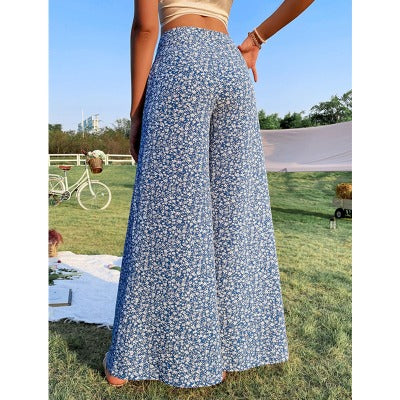 blue Stretch High Waist Loose Pants