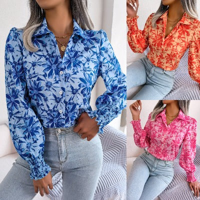  blue-pink-orange Flower Lapel Blouse