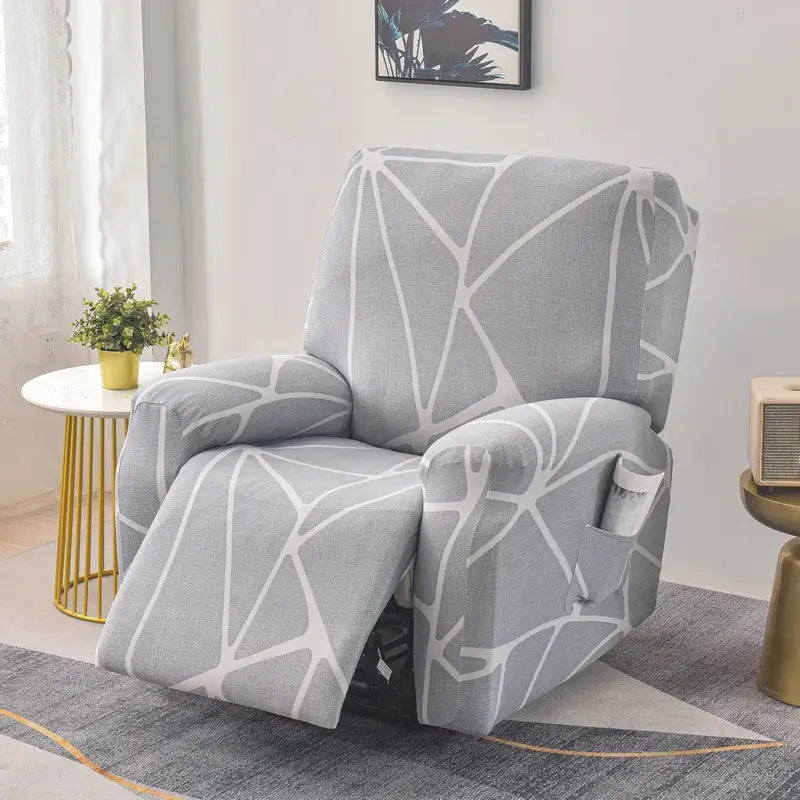 Gray recliner chair cover with geometric pattern elastic sofa cover for stylish protection