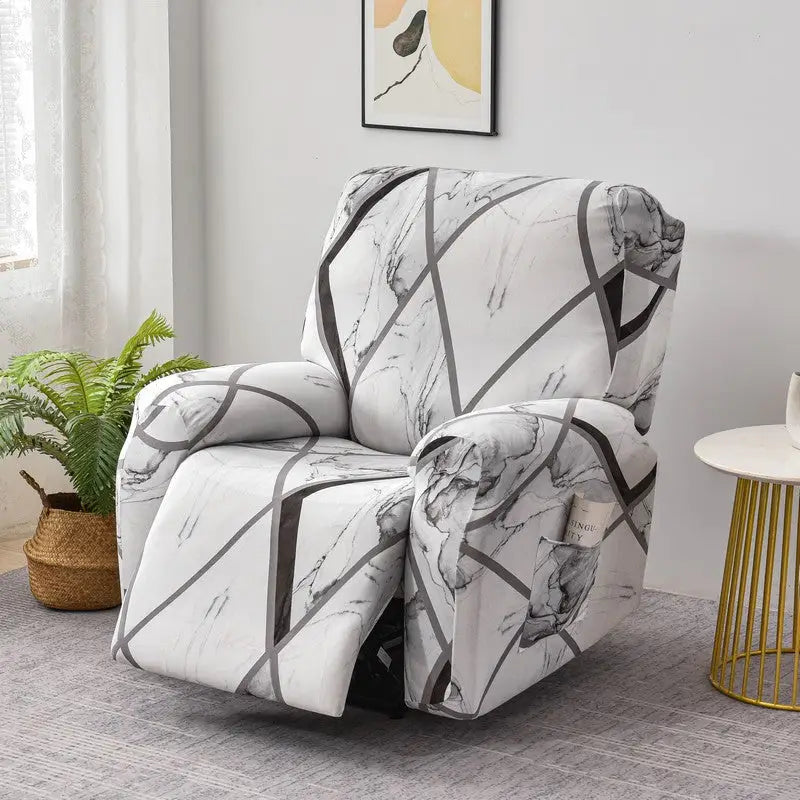 Elastic sofa cover with a stylish marble-patterned recliner slipcover for home decor