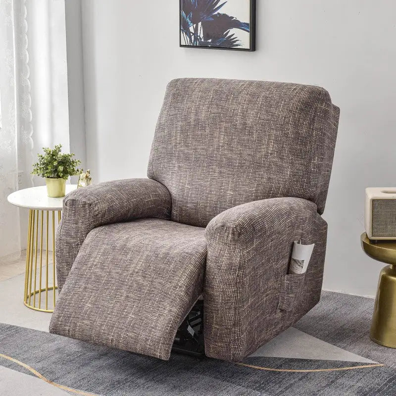 Elastic sofa cover protecting upholstered recliner with side pocket for comfort and style