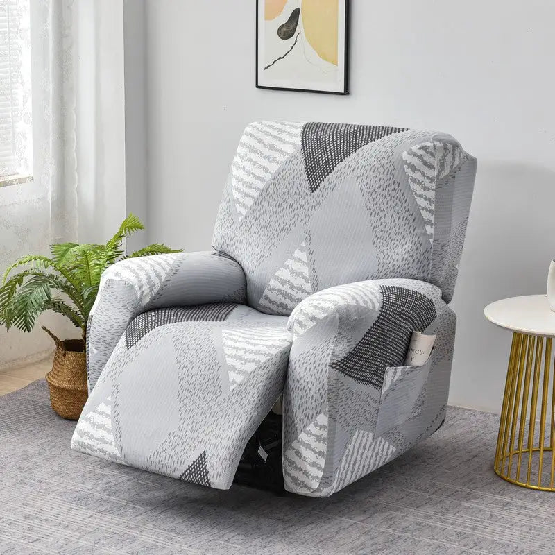 Gray patterned elastic sofa cover on recliner chair for stylish protection