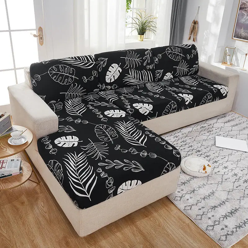 Elastic sofa cushion cover with black and white leaf pattern for sofa game protection