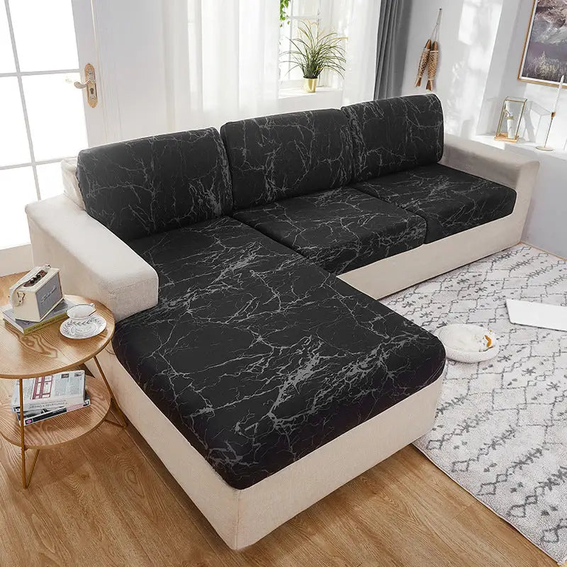 Elastic sofa cushion cover on sectional sofa with black marble-patterned slipcovers for sofa game