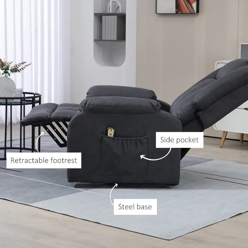Gray reclining electric lift chair with retractable footrest and side pocket for comfort
