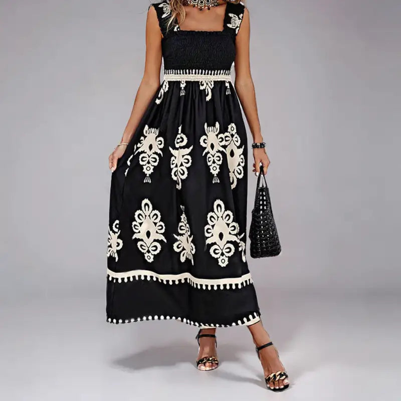 Black and white patterned maxi dress.