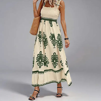 Cream and green patterned maxi dress.