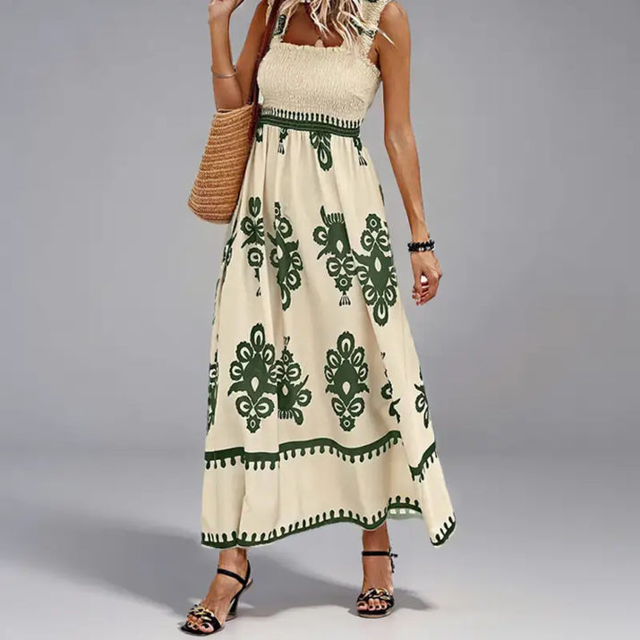 Cream and green patterned maxi dress.