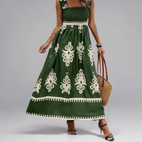 Green and white patterned maxi dress.