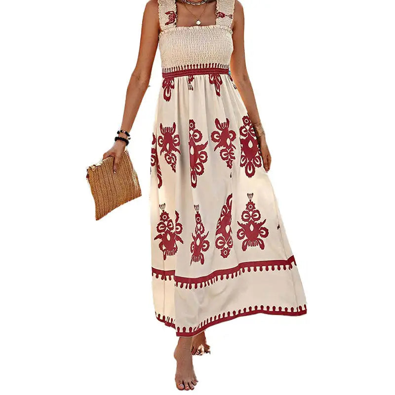 Woman’s patterned maxi dress.