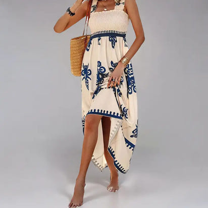 Cream and blue patterned maxi dress.