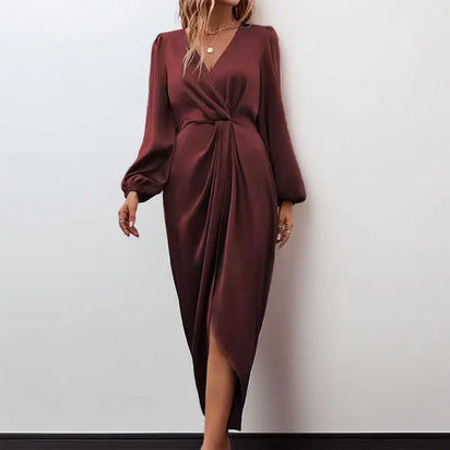 Burgundy satin wrap dress.