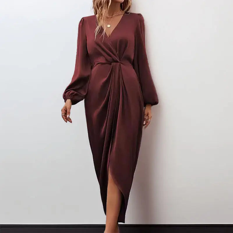 Burgundy satin wrap dress.