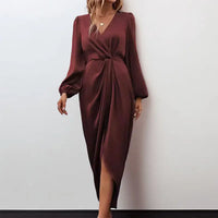 Burgundy satin wrap dress.