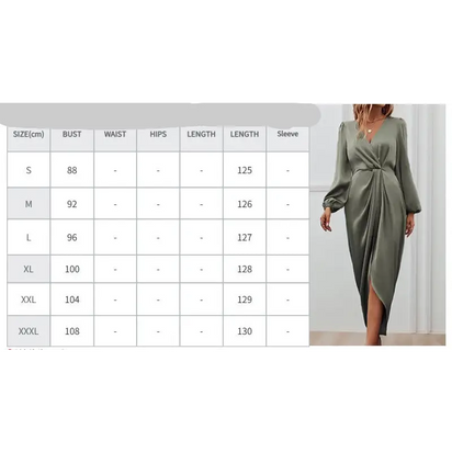 Olive green satin dress with size chart.