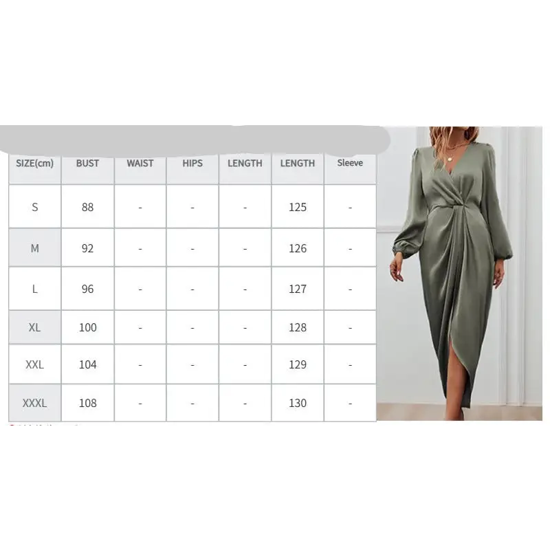 Olive green satin dress with size chart.