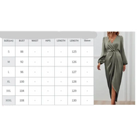 Olive green satin dress with size chart.
