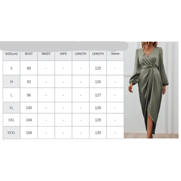 Olive green satin dress with size chart.