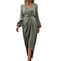 Olive green satin wrap dress.