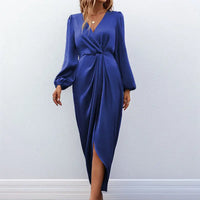 Blue satin long-sleeved dress.