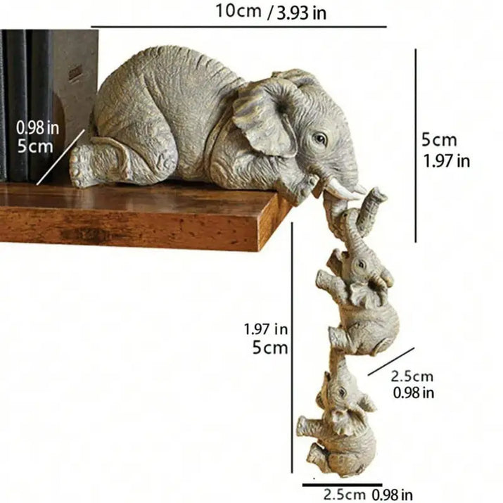 Elephant shelf decoration with stacked baby elephants.
