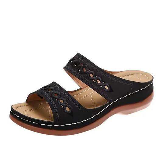 Black, two-strap wedge sandal.