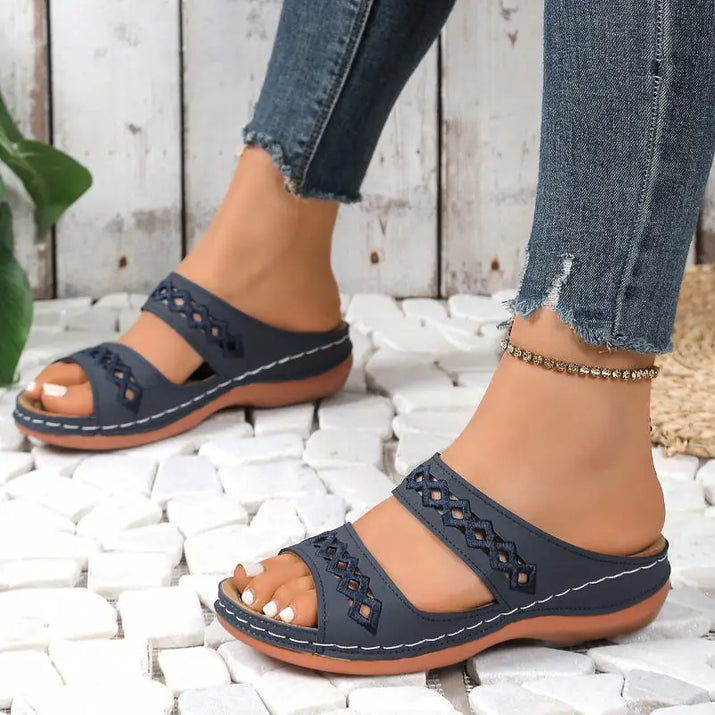 Blue double-strap sandals.