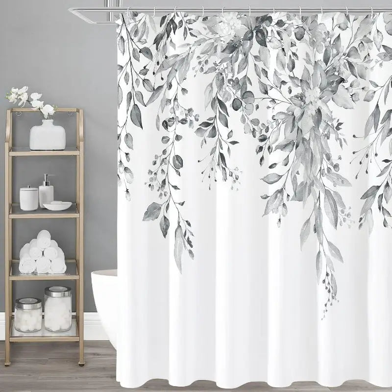 Floral-patterned shower curtain.