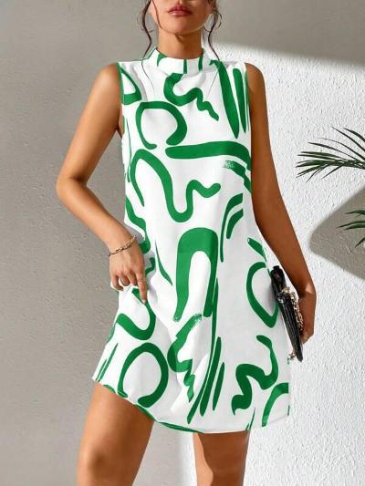 green and white print short dress